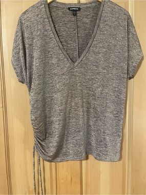 Express Gray Heather V-Neck Short Sleeve Tee with Side Drawstring